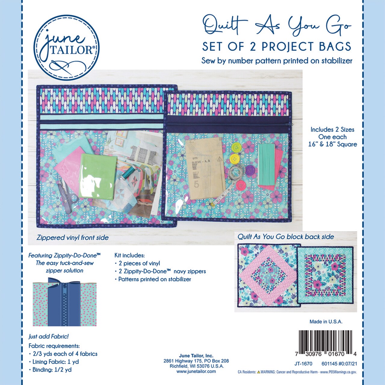 June Tailor Quilt As You Go Project Bag Kit-Navy Zippity-Do-Done(Tm)